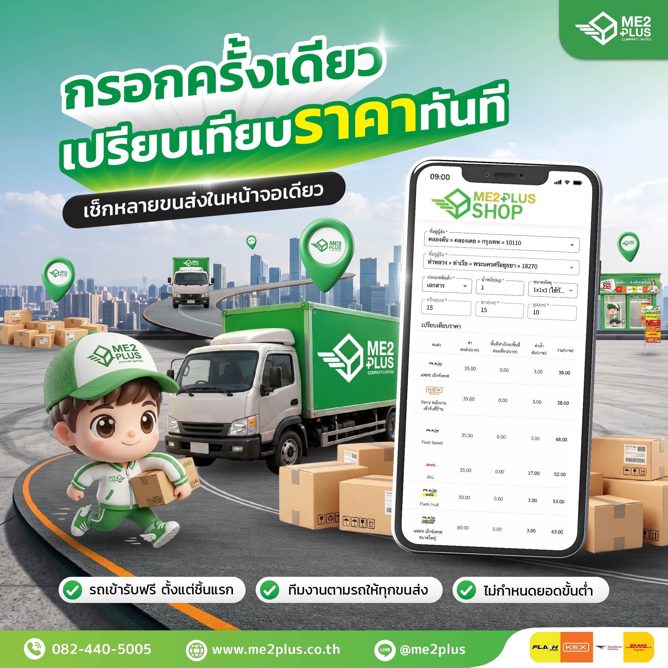 กรอกครั้งเดียว เปรียบเทียบราคาขนส่งทันที เช็กหลายขนส่งในหน้าจอเดียวกับ ME2PLUS